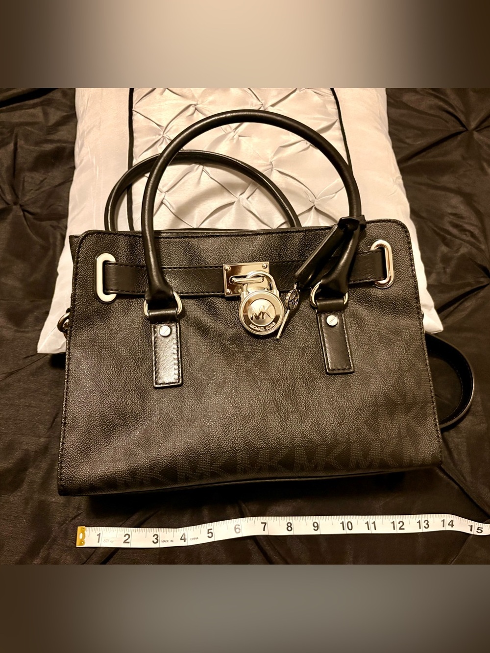 Michael Kors Black Leather Logo Satchel with Silver Tone Lock and Key